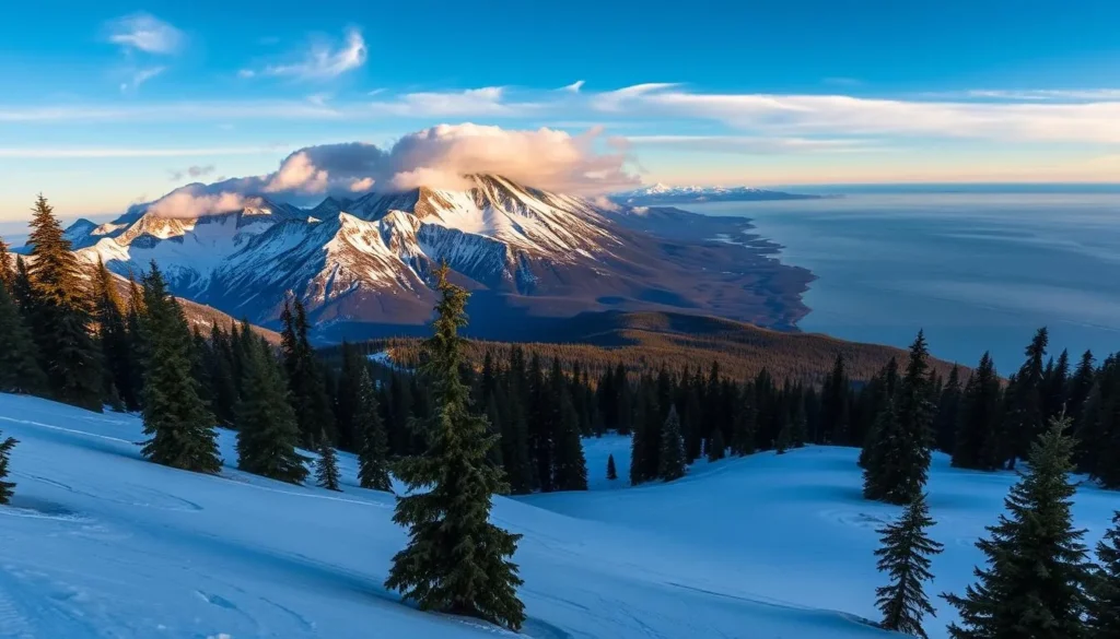 A breathtaking alpine vista of Hudson Bay Mountain in British Columbia. In the foreground, a well-groomed ski run winds through a tapestry of pristine snow, flanked by towering evergreen trees. The middle ground showcases the dramatic peaks of the mountain range, their jagged silhouettes illuminated by warm, golden sunlight filtering through wispy clouds. In the distance, the vast expanse of the Hudson Bay creates a serene, reflecting backdrop, its shimmering surface stretching to the horizon. The scene exudes a sense of tranquility and adventure, inviting the viewer to explore the hidden gems of this winter wonderland.