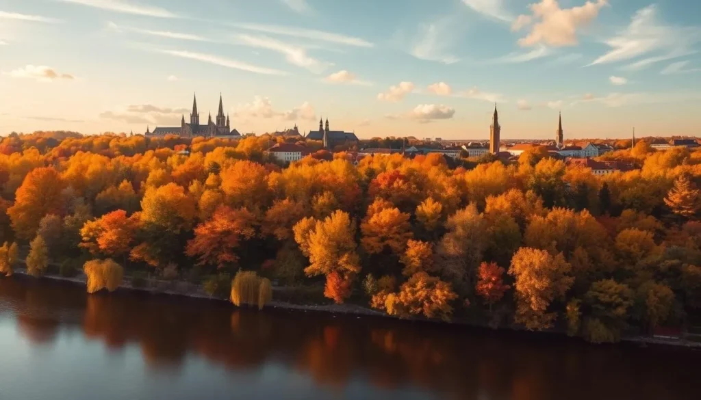 A breathtaking autumn landscape in Vilnius, Lithuania. The historic city skyline is framed by a lush forest ablaze in vibrant oranges, reds, and golds, bathed in warm, golden afternoon light. In the foreground, a tranquil river reflects the colorful foliage, creating a serene, mirror-like surface. Wispy clouds drift overhead, lending a soft, ethereal quality to the scene. The architecture of Vilnius' old town, with its baroque spires and red-tiled roofs, peeks through the trees, providing a timeless, picturesque contrast to the natural beauty of the changing seasons. This breathtaking autumn panorama captures the essence of Vilnius during the most stunning time of year.
