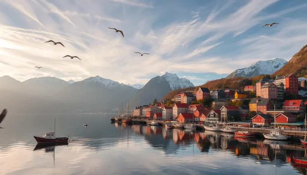A breathtaking cityscape of Bergen, Norway, nestled between towering fjords and snow-capped peaks. Vibrant red-roofed houses line the waterfront, reflected in the calm, mirror-like fjord waters. Quaint fishing boats bob gently, while gulls soar overhead. Warm sunlight filters through wispy clouds, casting a golden glow over the scene. In the distance, the iconic Bryggen wharf, with its historic wooden structures, stands as a testament to the city's maritime heritage. This stunning panorama captures the essence of Bergen, Norway's picturesque gateway to the magnificent fjords.