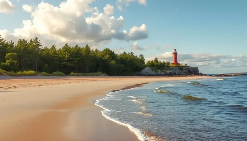 A breathtaking coastal landscape of Gotska Sandon Island, a protected nature reserve in Sweden. A pristine sandy beach stretches across the foreground, with gently lapping waves of the Baltic Sea. Lush, verdant pine forests rise in the middle ground, their branches swaying softly in the sea breeze. In the distance, the island's characteristic red-roofed lighthouse stands tall, its beam guiding sailors on the horizon. Warm sunlight filters through the clouds, casting a golden glow over the entire scene. The atmosphere is peaceful and serene, inviting visitors to explore the island's natural wonders.