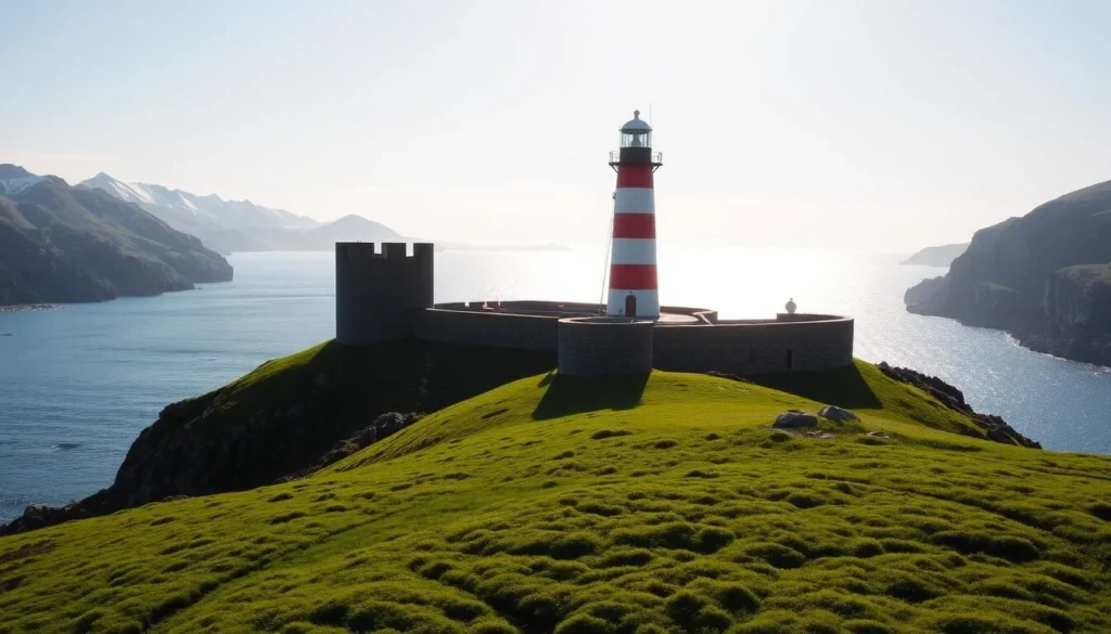 A breathtaking coastal landscape with Nyholms Fort and Lighthouse standing tall amidst the rugged terrain. The sun's warm glow bathes the scene, casting a serene ambiance. In the foreground, a lush grassy area leads up to the sturdy stone fortifications, their weathered walls and turrets exuding a sense of history. The lighthouse, with its distinctive red-and-white striped tower, rises gracefully, its beacon guiding ships through the tranquil waters of the fjord. The middle ground showcases the surrounding rocky cliffs, their jagged edges contrasted by the shimmering azure sea. In the distance, snow-capped mountains touch the horizon, creating a breathtaking backdrop to this captivating Norwegian landscape.