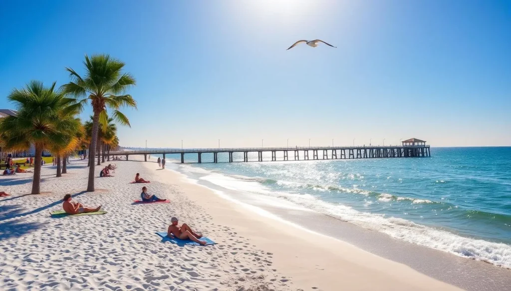 A breathtaking coastal scene of Pleasure Island, North Carolina. The sun dapples the pristine white sand, casting a warm glow over the gently lapping waves of the Atlantic Ocean. In the distance, a picturesque pier stretches out into the sparkling azure waters, inviting visitors to stroll and take in the serene surroundings. Lush palm trees sway in the gentle breeze, their fronds casting playful shadows on the beach. Beachgoers lounge on colorful towels, soaking up the tranquil atmosphere. A lone seagull glides overhead, completing the quintessential coastal tableau. Breathe in the salty air and feel the stress of everyday life melt away - this is the essence of Pleasure Island's alluring charm.