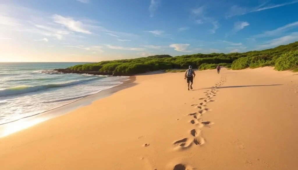A breathtaking coastal scene on Bird Island, North Carolina, where the warm sun casts a golden glow over the pristine sandy beach and gently lapping waves. In the foreground, a pair of hikers traverse the shoreline, their footprints leaving a trail in the soft sand. The middle ground features lush, verdant vegetation lining the beach, creating a picturesque natural backdrop. The background showcases the serene, azure ocean horizon, dotted with wispy clouds that drift lazily across the sky. The overall atmosphere is one of tranquility and outdoor adventure, perfectly capturing the essence of the best outdoor activities on Bird Island.