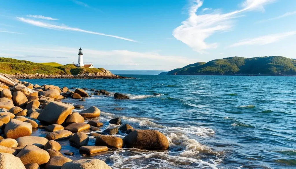 A breathtaking coastal scene on Vinga Island, Sweden. In the foreground, sun-dappled waves gently lap against the rocky shoreline, with smooth boulders and driftwood dotting the scene. The middle ground features a picturesque lighthouse standing tall, its white facade gleaming in the soft, golden light. Behind it, rolling hills covered in lush, verdant vegetation lead the eye towards the horizon, where the deep blue of the Skagerrak Strait meets the sky. Wispy clouds drift overhead, casting soft shadows across the landscape. Capture this idyllic, serene moment with a wide-angle lens, showcasing the natural beauty and tranquility of this photogenic island locale.