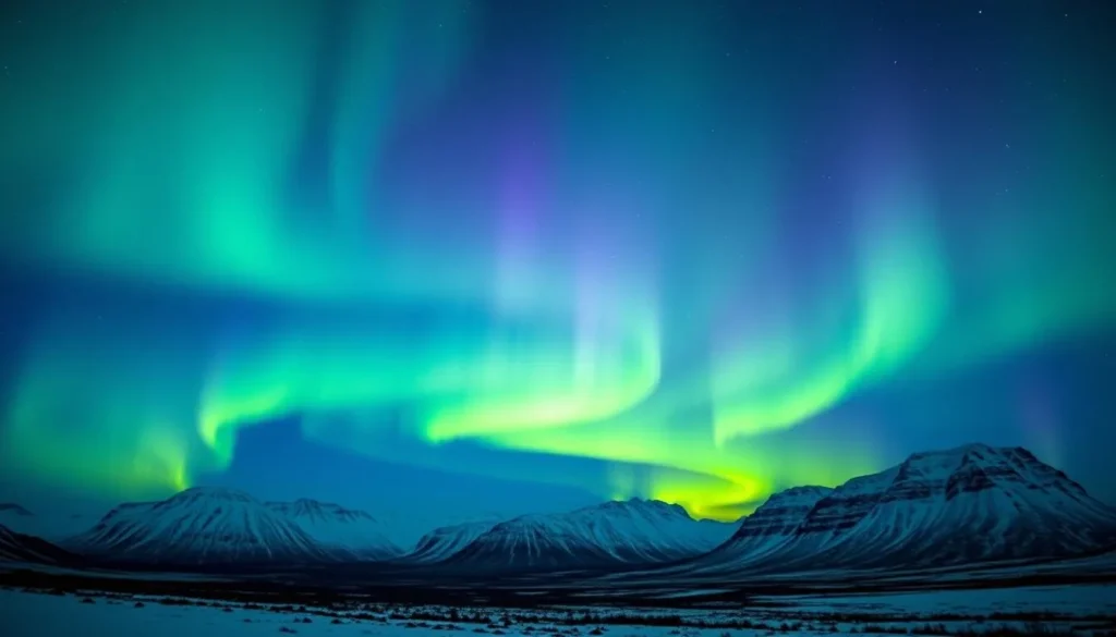 A breathtaking display of Aurora Borealis illuminates the night sky above the serene Kungsleden Trail in Sweden's northernmost reaches. Vibrant ribbons of green, purple, and blue dance gracefully across the heavens, their ethereal glow reflecting off the snow-capped peaks in the distance. The landscape is bathed in a mesmerizing, otherworldly light, creating a magical and enchanting atmosphere. The image should be captured with a wide-angle lens to showcase the grand scale of the natural wonder, while maintaining a sense of intimacy and wonder. Convey the awe-inspiring beauty and tranquility of this natural spectacle, which is best experienced during the long, dark winter months in this remote and captivating region.