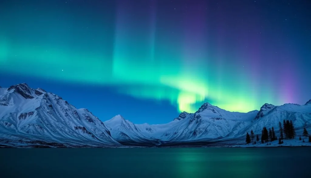 A breathtaking display of the Northern Lights dancing across the night sky over the snow-capped mountains of Troms og Finnmark, Norway. The vibrant greens, purples, and blues of the Aurora Borealis cascade elegantly, illuminating the rugged, majestic landscape below. In the foreground, a serene lake reflects the mesmerizing celestial show, while in the distance, the silhouettes of ancient pine trees stand tall and proud against the ethereal display. The scene is bathed in a soft, otherworldly glow, creating an atmosphere of wonder and awe. Capture the sheer beauty and magic of this Arctic gem through a wide-angle lens, showcasing the grandeur of Norway's northern reaches.
