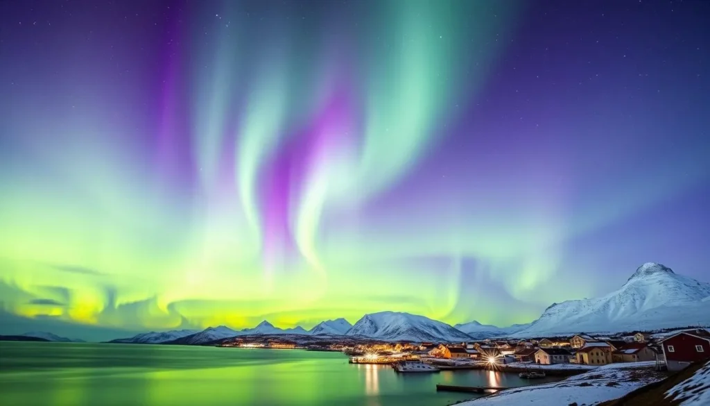A breathtaking display of the northern lights illuminates the night sky over the picturesque coastal town of Skudeneshavn, Norway. The ethereal green and purple hues dance gracefully across the heavens, casting a serene glow over the calm waters and snow-capped mountains in the distance. The scene is captured through a wide-angle lens, showcasing the grandeur of the natural spectacle. The image conveys a sense of wonder and tranquility, perfectly capturing the best time to visit Skudeneshavn when the aurora borealis is at its most vibrant.
