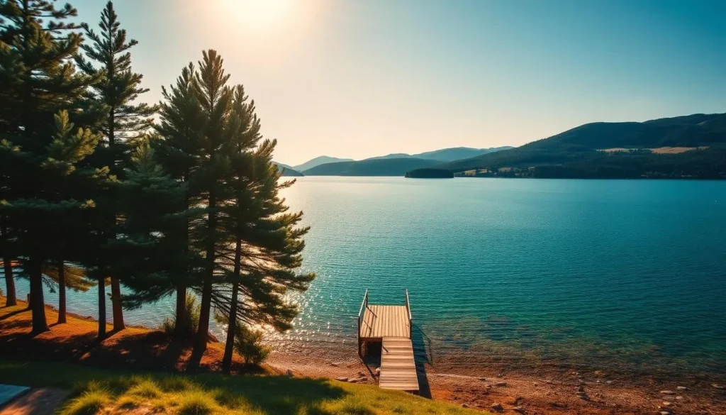 A breathtaking lakeside vista, with the crystal-clear waters of Lake Vanern glistening under a warm, golden sun. Towering pine trees line the shore, their verdant foliage casting gentle shadows across the tranquil surface. In the middle ground, a small wooden dock extends out over the lake, inviting the viewer to take a leisurely stroll and soak in the serene atmosphere. Beyond, the horizon is dominated by rolling hills, their slopes blanketed in a patchwork of lush meadows and dense forests. The overall scene exudes a sense of peaceful solitude, capturing the essence of Sweden's largest and most captivating natural wonder.