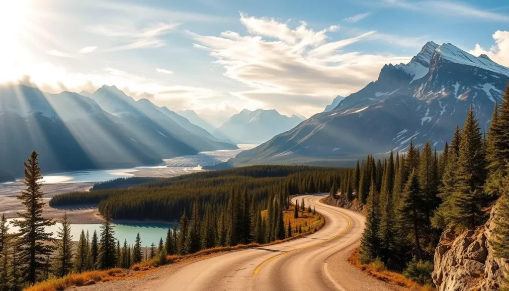 A breathtaking landscape along the Icefields Parkway, Alberta. Majestic snow-capped peaks rise majestically in the background, their jagged edges casting dramatic shadows. In the foreground, a winding road leads the viewer through a scenic vista of azure lakes, glacial moraines, and lush evergreen forests. Shafts of warm, golden sunlight filter through wispy clouds, creating a serene and awe-inspiring atmosphere. The scene is captured with a wide-angle lens, highlighting the grandeur and scale of this natural wonder. This image perfectly encapsulates the beauty and adventure that await along the Icefields Parkway.