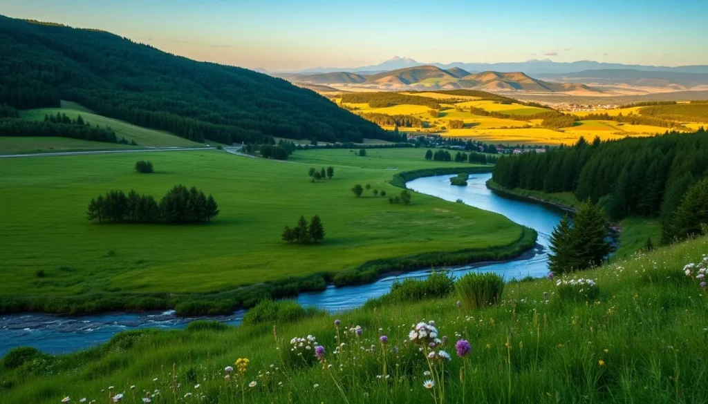 A breathtaking landscape along the Neris River in Kernave, Lithuania. In the foreground, a winding river cuts through lush, verdant meadows, with clusters of wildflowers dotting the banks. The middle ground features a gently rolling hill, its slopes covered in a patchwork of vibrant green forests and golden wheat fields. In the background, the majestic silhouettes of distant hills and mountains rise, their peaks bathed in warm, golden sunlight. The scene is illuminated by a soft, diffused natural light, creating a serene and tranquil atmosphere. Capture the natural beauty and outdoor splendor that surrounds the historic town of Kernave.