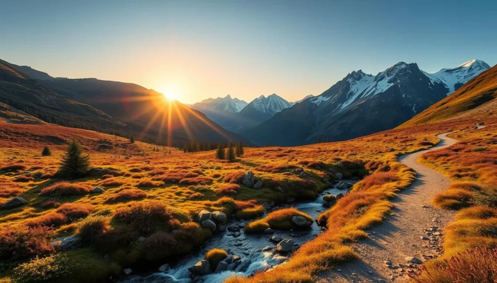 A breathtaking landscape at the Vinnufjellet Mountains in Sweden, with the sun's golden rays peeking over the horizon, illuminating the rugged peaks and casting a warm glow across the serene alpine meadows. In the foreground, a pristine mountain stream flows peacefully, its crystal-clear waters reflecting the vibrant colors of the surrounding foliage. The middle ground features a well-defined trail winding through the lush vegetation, inviting the viewer to explore the tranquil beauty of this scenic wonder. In the background, the majestic mountains rise majestically, their snow-capped summits reaching towards the sky, creating a dramatic and awe-inspiring backdrop. The scene is captured with a wide-angle lens, allowing the viewer to fully immerse themselves in the stunning panoramic view.