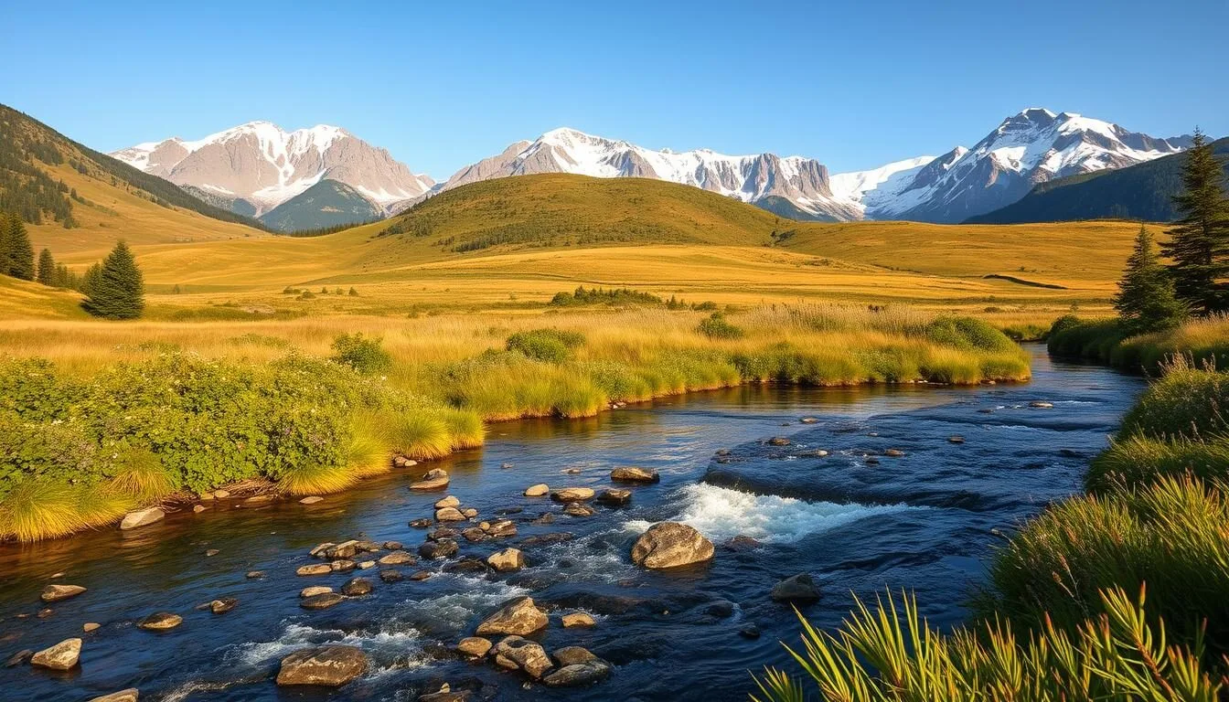 A breathtaking landscape in Holsby National Park, Sweden. The foreground showcases a gently flowing river with crystal-clear waters, reflecting the lush, verdant foliage on its banks. In the middle ground, rolling hills covered in a tapestry of wildflowers and tall grasses sway in the soft breeze. Towering, snow-capped peaks rise majestically in the background, their rugged beauty bathed in warm, golden sunlight. A scene of serene tranquility and natural splendor, captured with a wide-angle lens to emphasize the sweeping, panoramic vista. The overall mood is one of peaceful contemplation and appreciation for the unspoiled wonders of this Swedish wilderness.