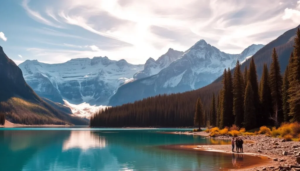 A breathtaking landscape of Abraham Lake, nestled amidst the majestic Canadian Rockies. A serene turquoise-blue lake, its surface like glass, reflecting the dramatic snow-capped peaks and lush evergreen forests in the background. Warm, golden sunlight filters through wispy clouds, casting a warm glow over the serene scene. In the foreground, a small group of people stand on the shore, enjoying the tranquil beauty of this natural wonder. The scene conveys a sense of peace, wonder, and the beauty of nature in its most pristine form.