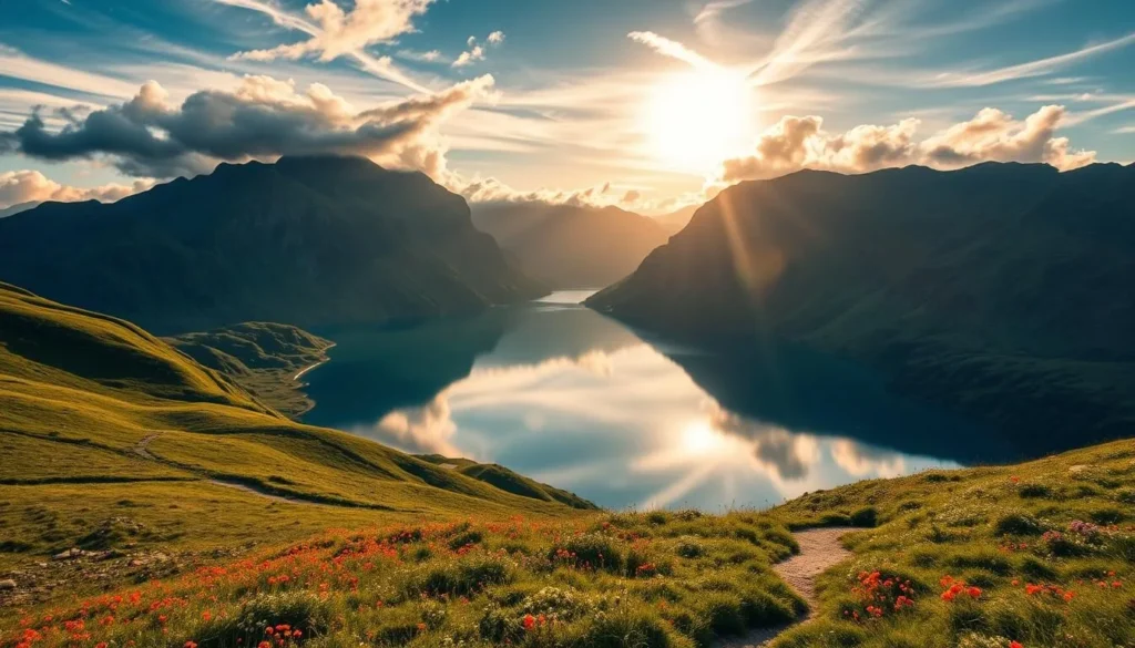 A breathtaking landscape of Borgefjell National Park, Norway, captured in the golden hour. Rolling hills, dotted with vibrant wildflowers, lead the eye towards a majestic mountain range in the distance. A crystal-clear lake reflects the surrounding peaks, creating a serene and mirror-like surface. Soft, warm light filters through wispy clouds, casting a gentle glow over the entire scene. In the foreground, a winding trail invites the viewer to explore this pristine, untouched wilderness. The overall atmosphere is one of tranquility, awe, and a deep appreciation for the natural beauty of this Nordic landscape.