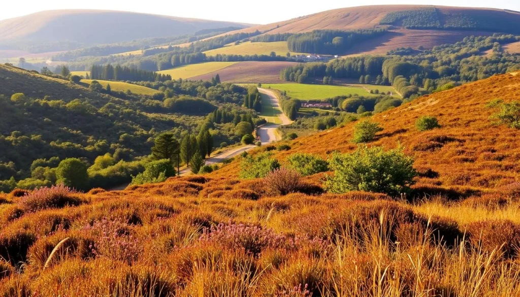 A breathtaking landscape of Brownsea Island's heathland and woodland, bathed in warm, golden sunlight. In the foreground, lush heather and grasses sway gently in the breeze, while in the middle ground, a winding trail leads through a dense, verdant forest of oak, pine, and birch trees. In the background, rolling hills covered in a patchwork of heather and bracken rise up, creating a sense of depth and scale. The overall scene exudes a peaceful, serene atmosphere, inviting the viewer to explore the island's natural beauty.
