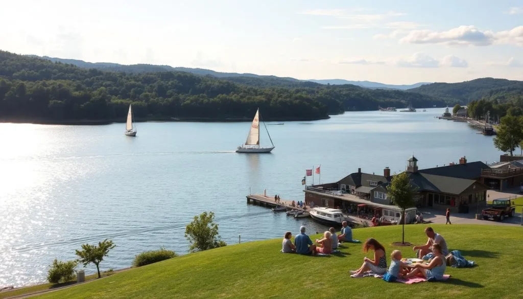 A breathtaking landscape of Canandaigua Lake, set against the backdrop of rolling hills and lush forests. Capture the serene waters reflecting the warm summer sun, with sailboats gliding effortlessly across the surface. Showcase the quaint waterfront, lined with charming shops and restaurants, inviting visitors to explore the vibrant town. In the foreground, a group of families enjoying a picnic on the grassy shore, while children play nearby. The atmosphere is one of tranquility and joy, perfectly capturing the essence of seasonal activities and events in Canandaigua. Utilize a wide-angle lens to encapsulate the breathtaking panoramic view, with soft, diffused lighting that enhances the natural beauty of the scene.