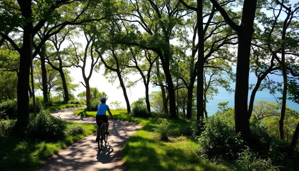 A breathtaking landscape of Cape Henlopen State Park, Delaware. A cyclist rides along a winding dirt trail, surrounded by lush greenery and towering trees. Dappled sunlight filters through the canopy, casting a warm glow on the scene. In the distance, the sparkling waters of the Atlantic Ocean come into view, hinting at the park's coastal setting. The cyclist appears relaxed and at peace, immersed in the serene beauty of their natural surroundings. A sense of adventure and exploration pervades the image, capturing the essence of biking through this picturesque state park.