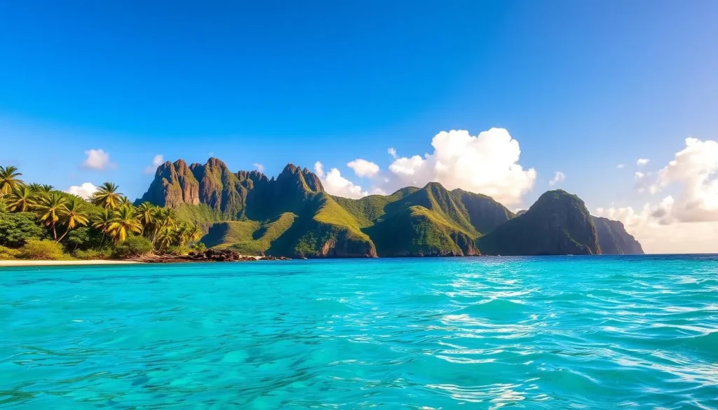 A breathtaking landscape of Fernando de Noronha, a lush, pristine island off the coast of Brazil. In the foreground, vibrant turquoise waters lap against the shore, dotted with palm trees and lush greenery. The middle ground features rugged, rocky cliffs rising from the sea, their natural formations casting dramatic shadows. In the background, a clear blue sky with fluffy white clouds sets the perfect mood for a serene, tranquil scene. The lighting is warm and golden, accentuating the island's natural beauty. Capture the essence of environmental preservation in this stunning, realistic photograph.