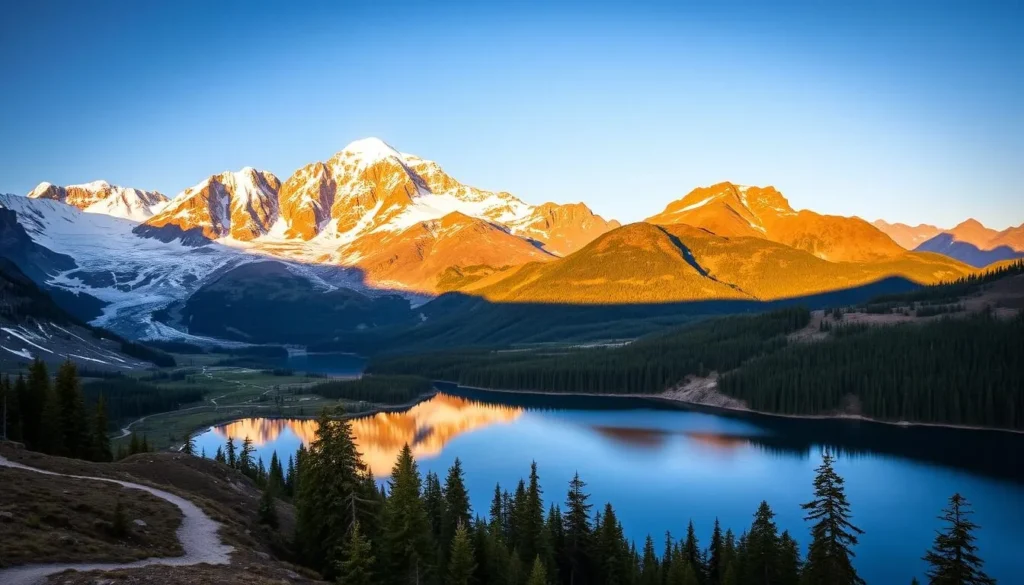 A breathtaking landscape of Garibaldi Provincial Park, British Columbia, captured through the lens of an experienced photographer. In the foreground, a serene alpine lake reflects the majestic peaks of snow-capped mountains, bathed in warm, golden sunlight. The middle ground features lush, verdant forests, with trails winding through the picturesque terrain. In the background, towering glaciers and towering cliffs create a dramatic, awe-inspiring backdrop. The scene exudes a sense of tranquility and wonder, inviting the viewer to immerse themselves in the natural beauty of this stunning wilderness.