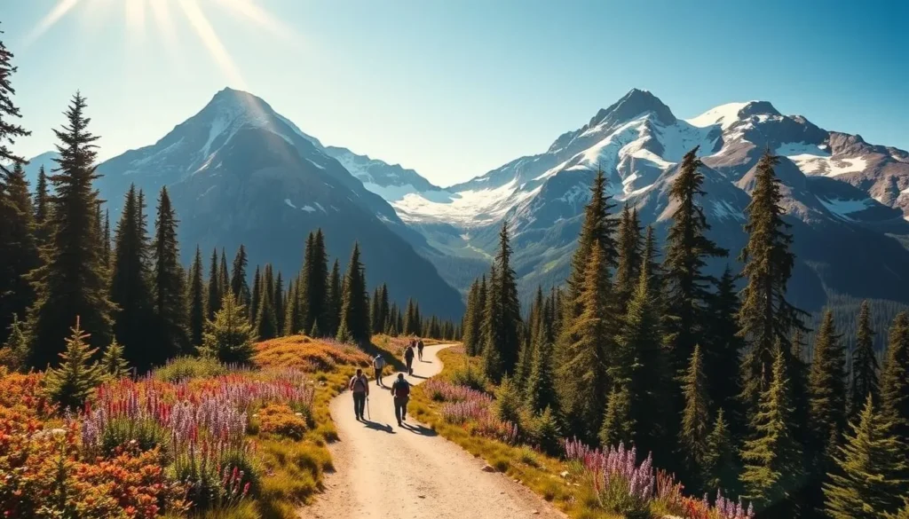 A breathtaking landscape of Garibaldi Provincial Park's renowned hiking trails, bathed in warm sunlight. Towering snow-capped peaks frame a winding path, surrounded by lush evergreen forests and blooming wildflowers. Hikers traverse the trail, their silhouettes capturing the sense of adventure and exploration. The scene is composed with a wide-angle lens, emphasizing the grandeur of the natural setting. The overall mood is one of serenity and wonder, inviting the viewer to immerse themselves in the beauty of this iconic British Columbia destination.