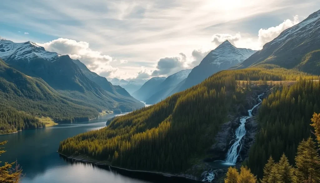 A breathtaking landscape of Kjolen, Norway, showcasing its natural beauty. In the foreground, a serene fjord reflects the surrounding mountains, their rugged peaks reaching towards the sky. Lush, evergreen forests cascade down the slopes, creating a tapestry of verdant hues. In the middle ground, a glistening waterfall cascades over the rocky terrain, its crystal-clear waters tumbling into a tranquil pool below. The background is dominated by majestic, snow-capped mountains, their peaks piercing the azure sky. Warm, golden sunlight filters through the clouds, casting a soft, ethereal glow over the entire scene. The overall atmosphere is one of breathtaking serenity and awe-inspiring grandeur, capturing the essence of Kjolen's untamed natural beauty.