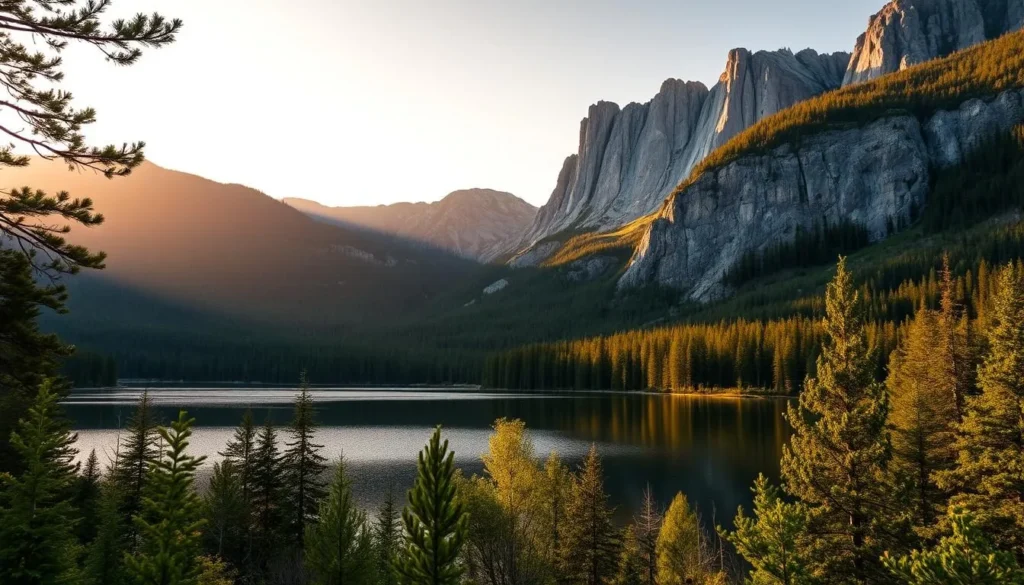 A breathtaking landscape of Kuusamo, Finland, bathed in the soft golden glow of the afternoon sun. In the foreground, a serene lake reflects the rugged, pine-clad hills that rise majestically in the distance. Lush, verdant forests frame the scene, their canopies swaying gently in the cool, crisp breeze. Towering granite cliffs jut skyward, their weathered surfaces casting dramatic shadows across the tranquil waters. The air is filled with the songs of native birds, creating a peaceful, enchanting atmosphere. This idyllic setting invites the viewer to bask in the natural splendor of Kuusamo, Finland, a true hidden gem awaiting discovery.
