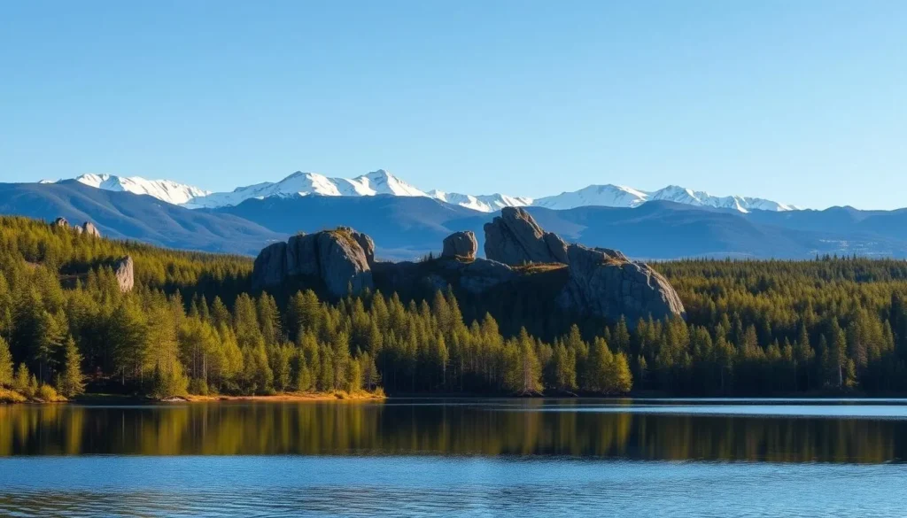 A breathtaking landscape of Lake Inari, Finland's northern gem, unfolds before the viewer. In the foreground, the serene waters of the lake reflect the surrounding boreal forest, its lush green hues complemented by the warm sunlight filtering through the trees. In the middle ground, rugged rock formations rise from the shoreline, casting dramatic shadows across the scene. Beyond, the distant mountains pierce the horizon, their snow-capped peaks gleaming under the clear, azure sky. The atmosphere is one of tranquility and wonder, inviting the viewer to immerse themselves in the pristine natural beauty of this remote and captivating region.