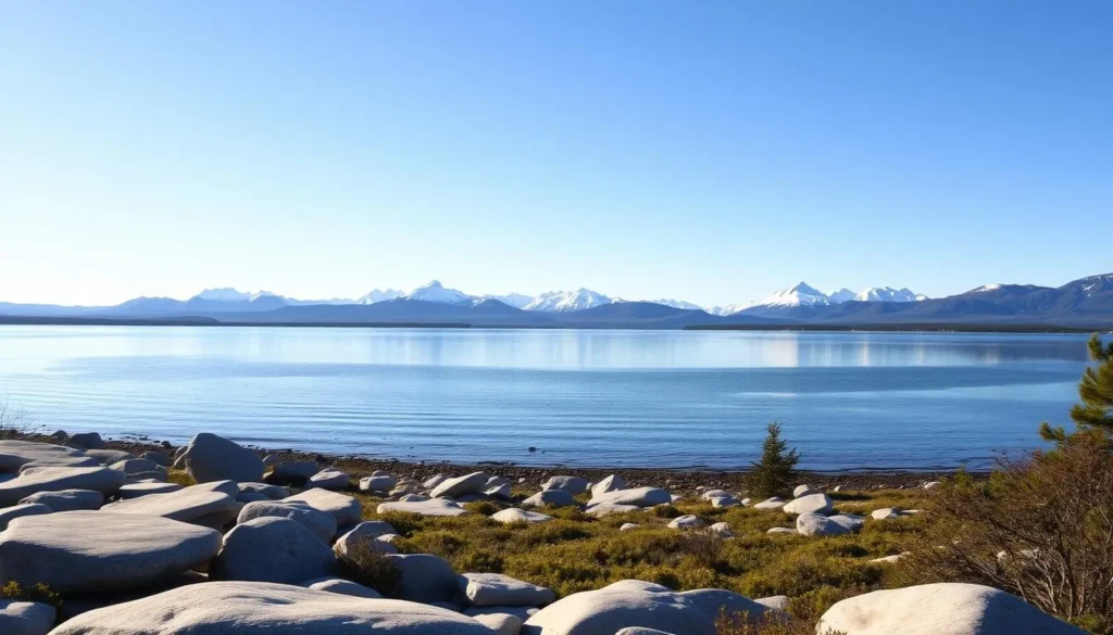 A breathtaking landscape of Lake Inari in Finland, bathed in warm sunlight. In the foreground, a pristine shoreline with smooth rocks and lush vegetation. In the middle ground, the serene waters of the lake, reflecting the clear blue sky and distant mountains. The background features majestic, snow-capped peaks, creating a dramatic and picturesque scene. The overall atmosphere is one of tranquility and natural beauty, inviting the viewer to imagine the serene experience of visiting this stunning location. Capture this scene with a wide-angle lens, showcasing the grandeur of the landscape.