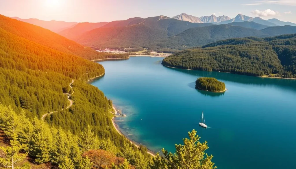 A breathtaking landscape of Lake Lipno, nestled amidst the rolling hills of the Czech countryside. The crystal-clear waters reflect the vibrant green forests and rugged mountains that surround it, creating a serene and picturesque scene. Warm sunlight bathes the scene, casting a golden glow over the tranquil surface of the lake. In the foreground, a small boat gently drifts, inviting visitors to explore the hidden coves and secluded beaches. The middle ground features lush vegetation and trails winding through the dense foliage, leading to scenic overlooks and hidden vantage points. In the distance, the majestic peaks of the Šumava mountain range rise up, creating a dramatic and awe-inspiring backdrop to this idyllic Czech oasis.