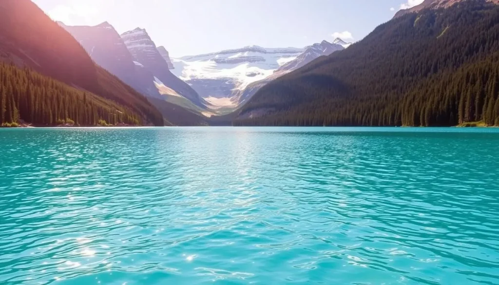 A breathtaking landscape of Lake Louise, Alberta, Canada. In the foreground, the iconic turquoise waters of the lake shimmer under the warm summer sun, inviting visitors to bask in its serene beauty. The middle ground features the majestic, snow-capped peaks of the Rocky Mountains, their rugged grandeur reflected in the still surface of the lake. In the background, lush evergreen forests climb the slopes, creating a rich, verdant backdrop. The scene is bathed in soft, natural lighting, capturing the tranquil, magical atmosphere of this picturesque location. Capture the essence of this remarkable destination, a true jewel of the Canadian Rockies.