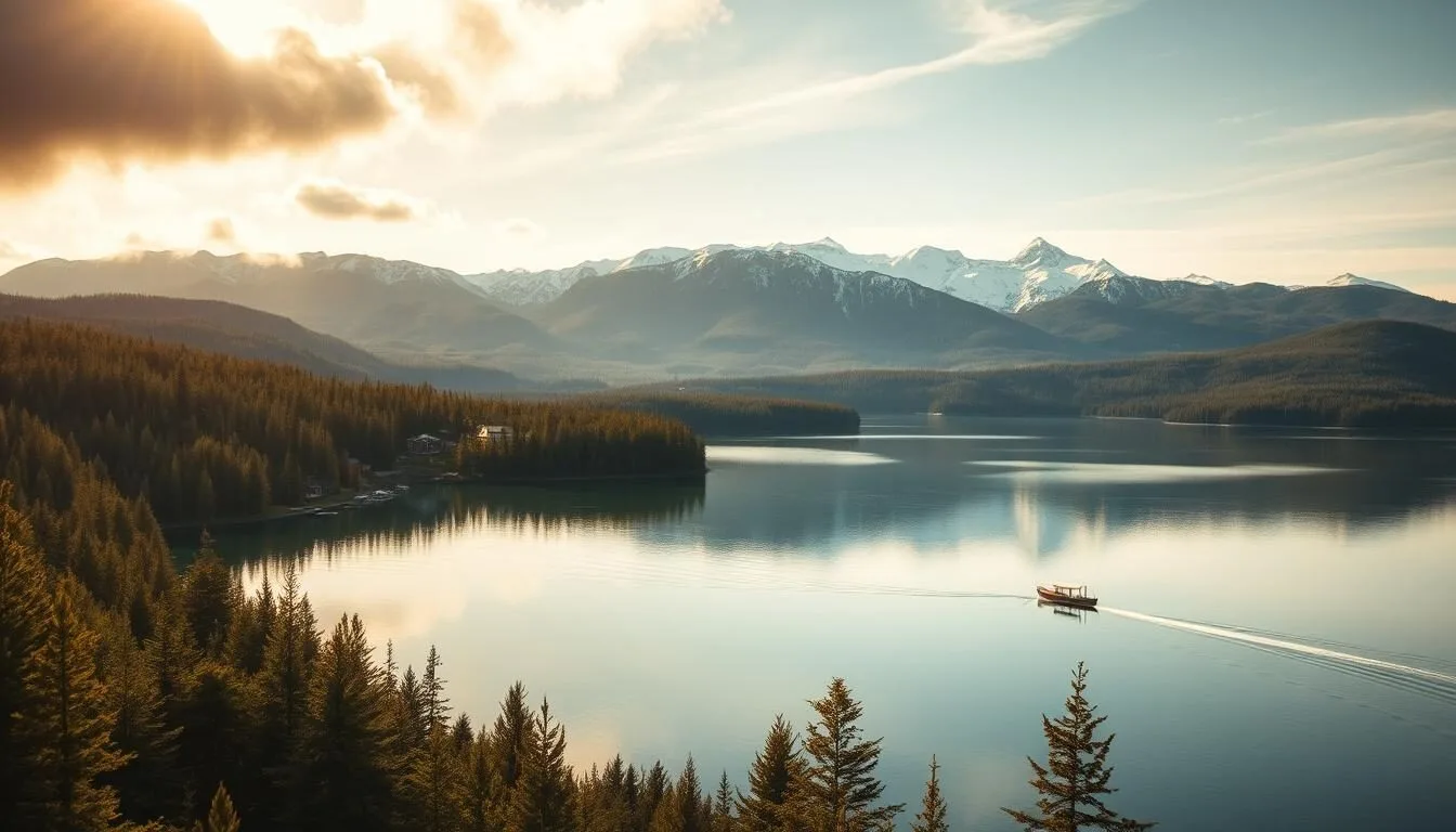 A breathtaking landscape of Lake Pielinen in Finland, showcasing its serene waters reflecting the majestic pine-clad hills and mountains in the distance. The warm, golden sunlight filters through wispy clouds, casting a soft, ethereal glow over the tranquil scene. In the foreground, lush, verdant forests line the shoreline, with the occasional boat or kayak gently gliding across the mirror-like surface. The middle ground features rolling hills dotted with charming cottages and cabins, while the background is dominated by the awe-inspiring, snow-capped peaks of the Karelia region. The overall atmosphere evokes a sense of peace, solitude, and natural splendor, perfectly capturing the essence of this captivating Finnish landscape.