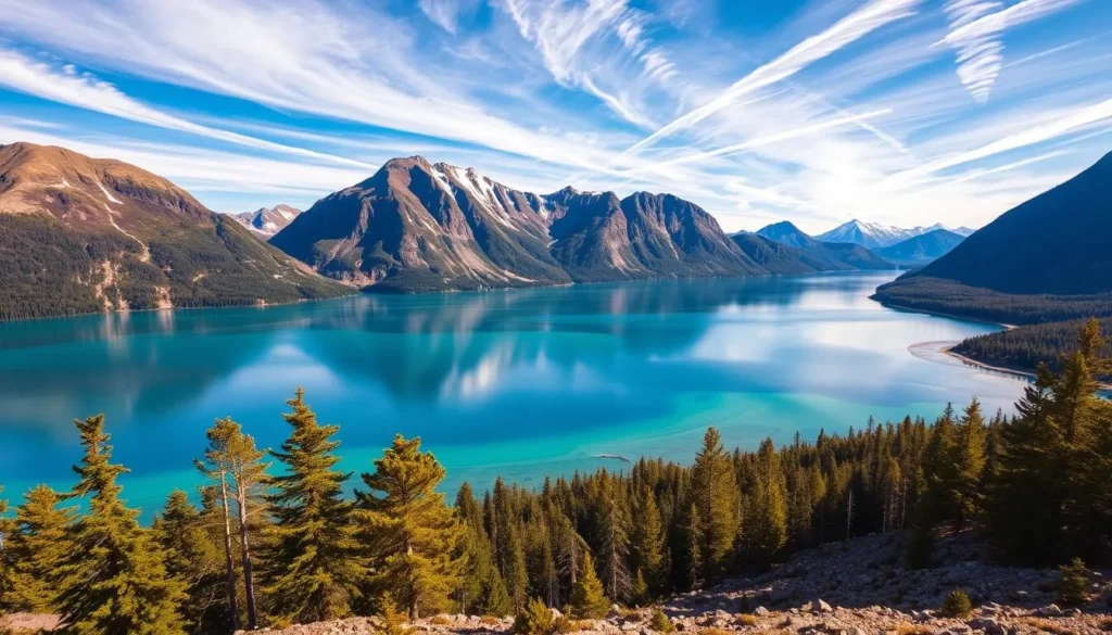 A breathtaking landscape of Lake Sandvatnet in Norway. In the foreground, crystal-clear turquoise waters reflect the surrounding mountains and pine forests. In the middle ground, rugged peaks rise majestically, their snow-capped summits glinting in the warm, golden sunlight. In the background, a panoramic vista of the serene, pristine wilderness, with wispy clouds drifting across a brilliant azure sky. The scene exudes a sense of tranquility and natural harmony, inviting the viewer to immerse themselves in the beauty of this untouched Norwegian paradise.
