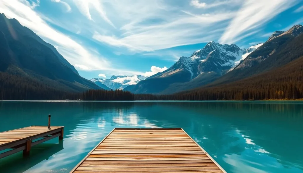 A breathtaking landscape of Maligne Lake in Alberta, Canada, with the majestic Rocky Mountains towering in the background. The crystal-clear turquoise waters reflect the surrounding peaks and lush forests, creating a serene and picturesque scene. Warm sunlight filters through wispy clouds, illuminating the scene with a soft, golden glow. In the foreground, a wooden dock juts out onto the still lake, inviting visitors to take in the stunning natural beauty. The middle ground features dense, evergreen trees lining the shoreline, while the distant mountains rise up, their snow-capped summits reaching towards the heavens. Capture the tranquility and grandeur of this iconic Canadian landscape in a high-resolution, photorealistic image.