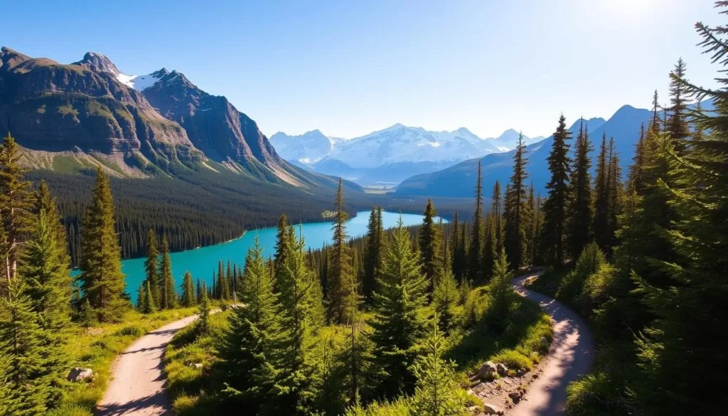 A breathtaking landscape of Maligne Lake, surrounded by the majestic Canadian Rockies. In the foreground, a well-marked hiking trail winds through a lush, verdant forest, inviting adventurers to explore. The middle ground reveals the serene, turquoise waters of the lake, reflecting the snow-capped peaks that rise dramatically in the background. Warm sunlight filters through the trees, casting a golden glow over the scene. The overall atmosphere is one of tranquility and awe-inspiring natural beauty, perfectly capturing the essence of hiking adventures around this iconic Alberta destination.