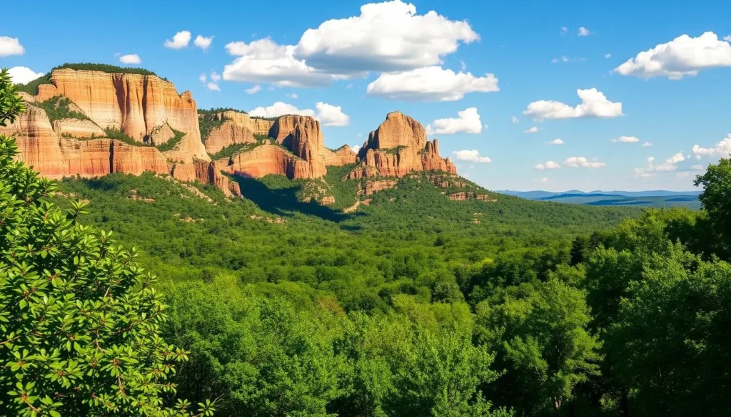 A breathtaking landscape of Mount Magazine State Park, Arkansas, captured on a clear, sun-drenched day. In the foreground, lush, verdant forests stretch out, their canopy of vibrant green leaves swaying gently in the breeze. The middle ground reveals rugged, towering cliffs of sandstone and shale, their layers and textures carved by time and the elements. In the distance, the park's majestic summit rises proudly, its rocky peak bathed in warm, golden light. A pristine blue sky, dotted with fluffy white clouds, completes the scene, creating a sense of tranquility and natural wonder. Captured through a wide-angle lens, this image showcases the stunning beauty and grandeur of Mount Magazine State Park, inviting viewers to explore its natural splendor.