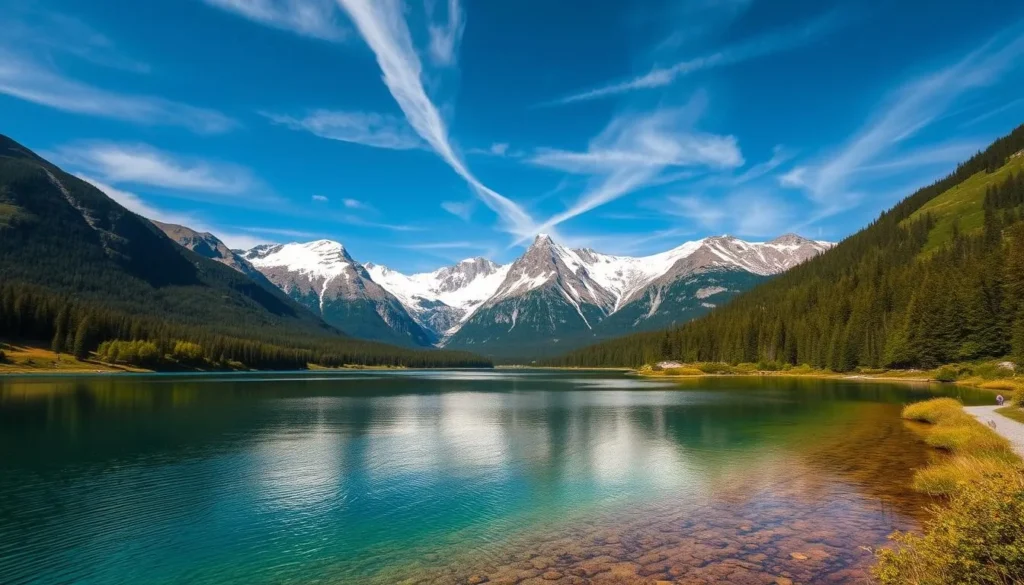 A breathtaking landscape of Øvre Dividal National Park in Norway. Capture the majestic mountains rising in the background, their snow-capped peaks glistening under the warm sun. In the foreground, a crystal-clear lake reflects the rugged terrain, its tranquil surface interrupted by the occasional ripple. Lush, verdant forests line the banks, their vibrant greens contrasting with the grays and whites of the mountains. A sense of peace and serenity pervades the scene, inviting the viewer to immerse themselves in the natural beauty of this pristine wilderness. Utilize a wide-angle lens to showcase the grand scale of the landscape, framed by an idyllic blue sky with wispy clouds drifting overhead.