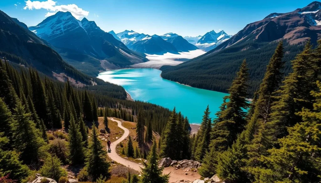 A breathtaking landscape of Peyto Lake in the Canadian Rockies, Alberta. In the foreground, the vibrant turquoise waters shimmer under the warm afternoon sun, flanked by rugged, snow-capped peaks. Lush, evergreen forests line the shores, creating a serene and picturesque setting. The middle ground features a well-maintained hiking trail winding through the natural surroundings, inviting visitors to explore the area. In the background, the majestic glaciers of the Waputik Range stand tall, casting dramatic shadows over the scene. The entire composition is captured with a wide-angle lens, showcasing the grandeur and scale of this remarkable natural wonder.