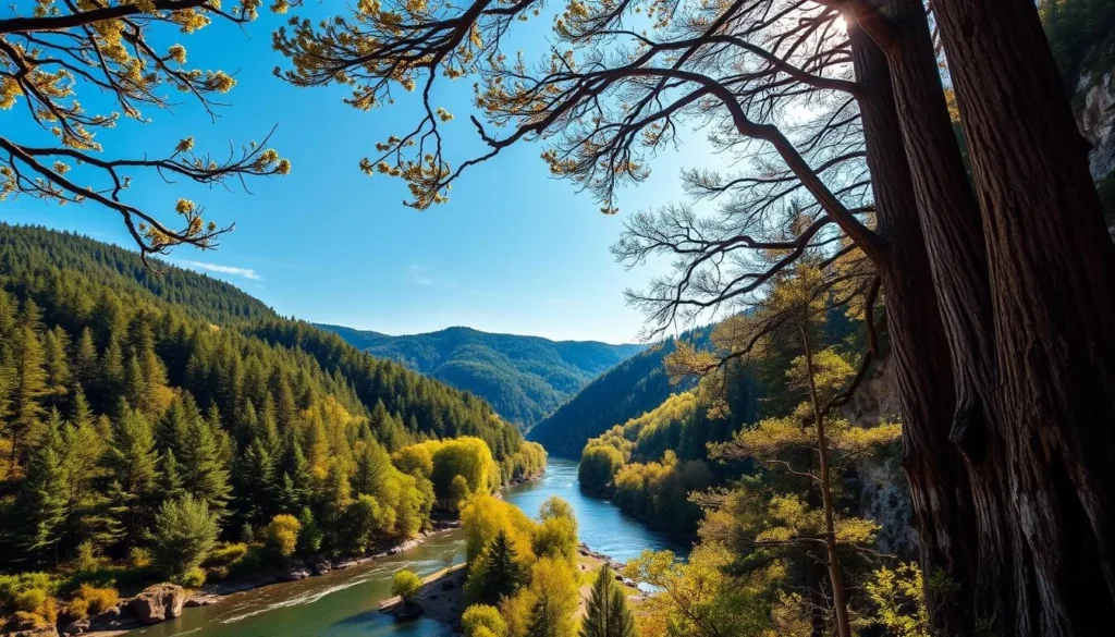 A breathtaking landscape of Podyji National Park in Czechia, captured on a picturesque summer day. Lush, verdant forests line the gently rolling hills, their canopies dappled with warm, golden sunlight filtering through. In the foreground, a serene, winding river reflects the azure sky, its calm waters flanked by rugged, weathered cliffs. Towering, ancient trees stand as silent sentinels, their branches casting soft, dappled shadows across the tranquil scene. The air is crisp and clear, infused with the earthy scent of moss and wildflowers. A sense of timeless beauty and untamed wilderness pervades the idyllic setting, inviting the viewer to immerse themselves in the unspoiled natural wonder of this hidden gem.