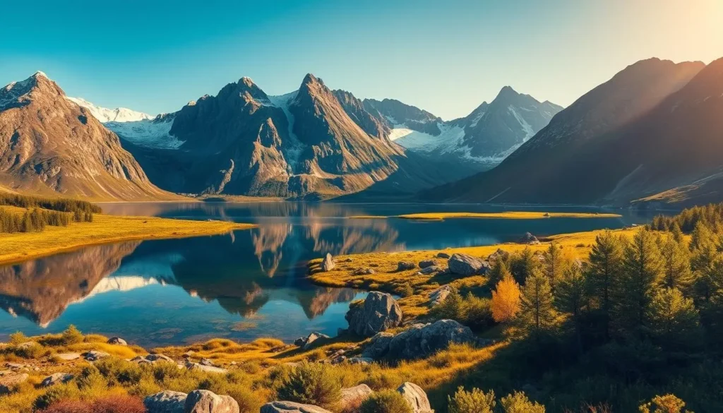 A breathtaking landscape of Rondane National Park, Norway's oldest national park. In the foreground, a crystal-clear alpine lake reflects the rugged, snow-capped peaks of the Rondane mountains. Lush, verdant meadows and birch forests line the shores, creating a serene and tranquil scene. The middle ground features dramatic, jagged rock formations, their gray hues contrasting with the vibrant greens and blues of the surroundings. The background is dominated by the majestic, towering mountains, their sharp ridges cutting against the bright, azure sky. Warm, golden sunlight bathes the entire landscape, casting a glowing, ethereal atmosphere. This image perfectly captures the essence of Rondane's untamed, pristine wilderness.