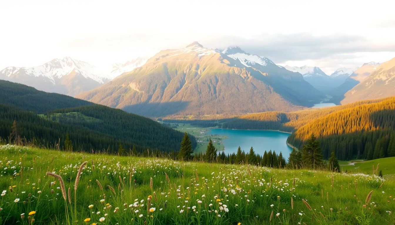 A breathtaking landscape of Setesdal-Ryfylkeheiane National Park, Norway. In the foreground, a lush meadow dotted with wildflowers sways gently in the breeze. Towering mountains rise majestically in the middle ground, their snow-capped peaks gleaming under the warm, golden sunlight. Dense, evergreen forests cover the rolling hills, creating a serene and tranquil atmosphere. In the distance, a pristine, azure lake reflects the stunning natural beauty of the surrounding environment. The scene is bathed in a soft, diffused lighting, creating a sense of peace and serenity. This picturesque landscape invites the viewer to explore the wonders of this stunning Norwegian national park.