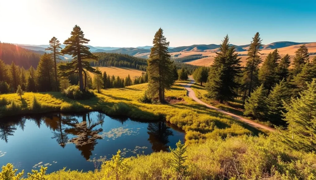 A breathtaking landscape of Store Mosse National Park, Sweden, captured through the lens of a professional photographer. In the foreground, a serene lake reflects the surrounding lush green foliage and towering pines. The middle ground features a winding trail, inviting hikers to explore the park's natural beauty. In the background, rolling hills and a clear blue sky create a picturesque scene, bathed in warm, golden sunlight. The image conveys a sense of tranquility and wonder, perfectly capturing the essence of this stunning photography hotspot.