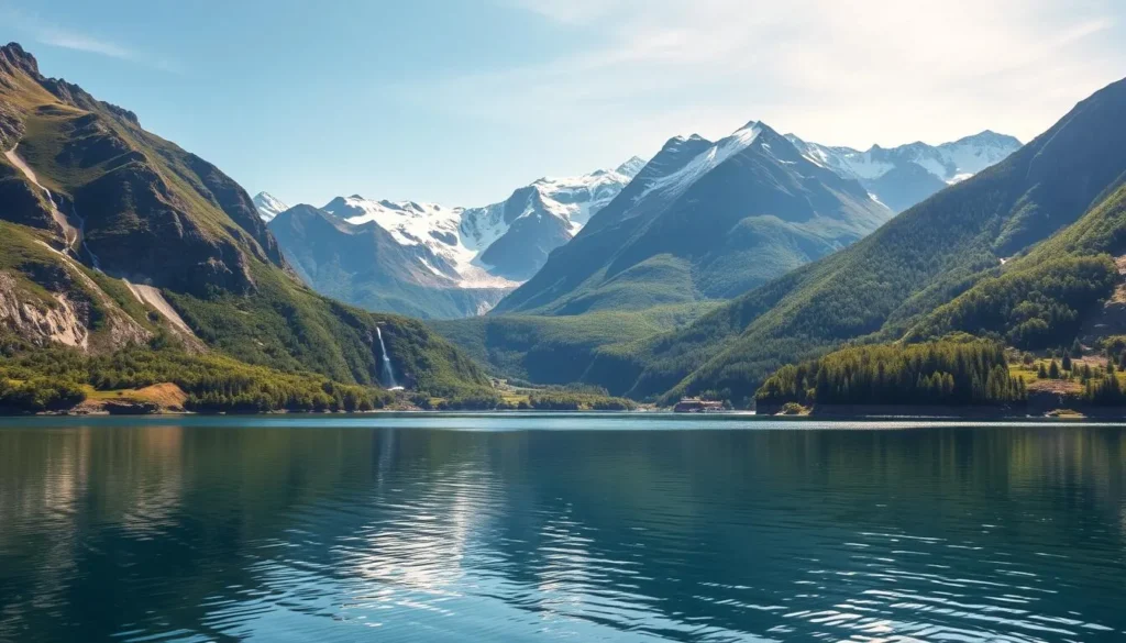 A breathtaking landscape of Tysfjorden, Norway, captured in stunning detail. In the foreground, a crystal-clear fjord reflects the majestic mountains that rise up on either side, their rugged peaks piercing the azure sky. The middle ground is dotted with lush, verdant forests, interspersed with cascading waterfalls that tumble down the slopes. In the background, the snowcapped summits of the Lyngen Alps stand tall, bathed in the warm glow of the sun. The overall scene exudes a serene, awe-inspiring atmosphere, inviting the viewer to immerse themselves in the natural beauty of this breathtaking Norwegian landscape.