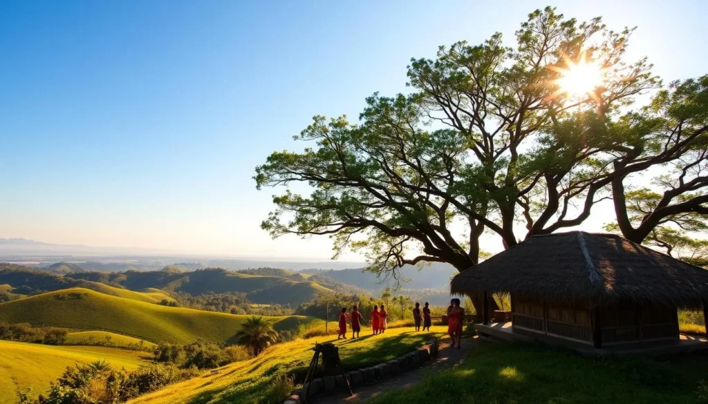 A breathtaking landscape of rolling hills and lush greenery, with a traditional thatched-roof hut nestled in the foreground. Sunlight filters through the canopy of ancient trees, casting a warm, golden glow over the scene. In the middle ground, a small group of locals in vibrant, colorful attire engage in a lively cultural performance, their movements graceful and rhythmic. In the distance, the silhouettes of distant mountains rise against a clear, azure sky. The overall mood is one of tranquility and timeless cultural heritage.