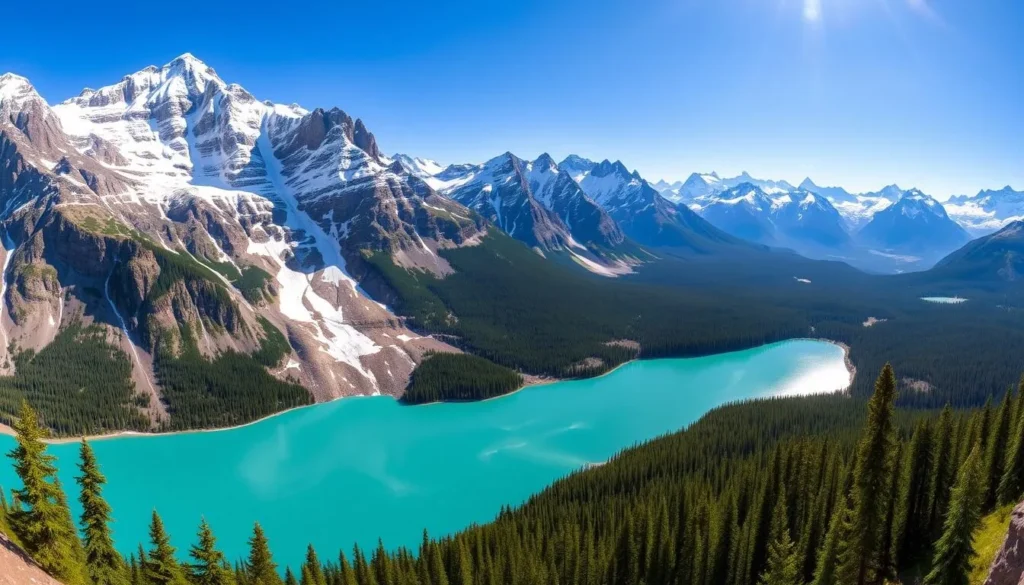 A breathtaking landscape of snow-capped peaks, turquoise glacial lakes, and lush evergreen forests in Banff National Park. Capture the majestic grandeur of the Canadian Rockies under a clear blue sky, with sunlight casting a warm glow over the rugged terrain. Showcase the iconic landmarks like the towering Mount Rundle and the serene Lake Louise, framed by dramatic cliffs and pristine wilderness. Convey a sense of tranquility and awe, inviting the viewer to immerse themselves in the park's natural beauty. Employ a wide-angle lens to create a panoramic scene that fully embraces the scale and splendor of this breathtaking location.