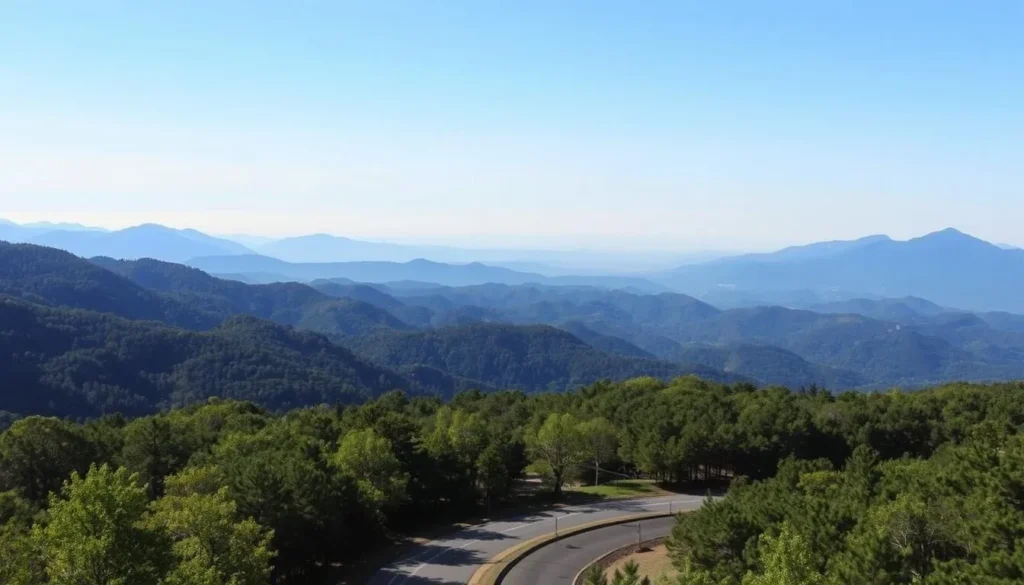A breathtaking landscape of the Blue Ridge Mountains in Georgia, showcasing the region's natural beauty. In the foreground, a winding road leads through lush, verdant forests, with sunlight filtering through the canopy. In the middle ground, rolling hills and peaks rise up, their distinctive blue hue created by the atmospheric effect of the distance. The background is dominated by a panoramic view of the majestic mountains, their rugged silhouettes framed against a clear, azure sky. The scene is bathed in a warm, golden light, evoking a sense of tranquility and wonder. Capture the essence of the Blue Ridge's charm and serenity through this carefully composed landscape.