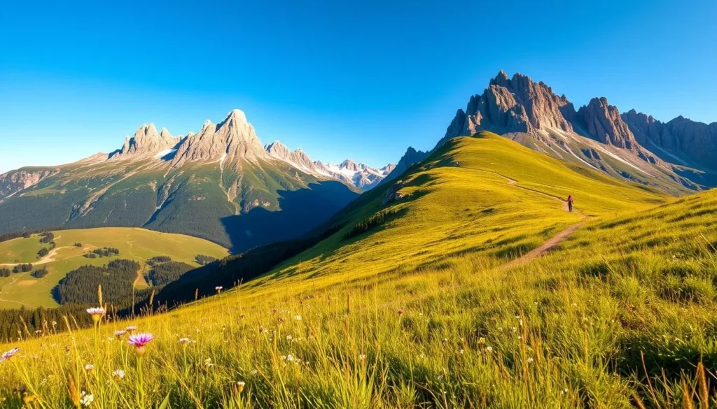 A breathtaking landscape of the Brdy Highlands in Czechia, where rugged mountains rise majestically against a clear blue sky. In the foreground, a lush, verdant meadow dotted with wildflowers sways gently in the breeze. The middle ground features a winding hiking trail that winds through the rolling hills, inviting the viewer to explore the serene natural beauty. In the background, towering peaks with jagged, snow-capped summits stretch out to the horizon, creating a sense of awe and wonder. The scene is bathed in warm, golden sunlight, casting a soft, glowing hue over the entire landscape. Capture the essence of this hidden gem, a tranquil and captivating destination in the heart of Czechia.