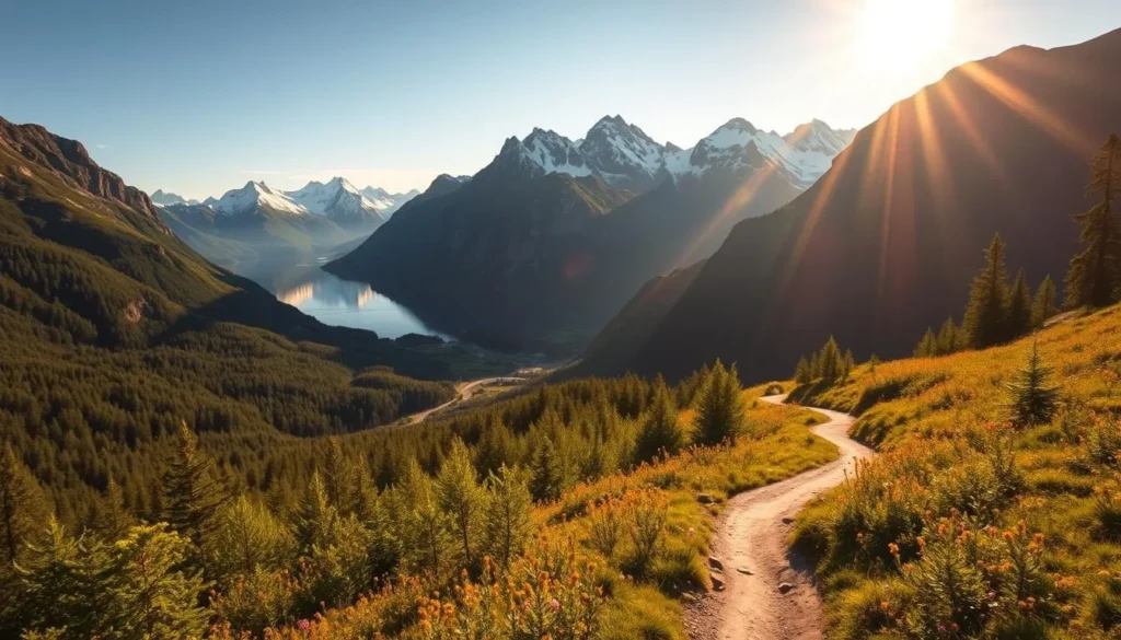 A breathtaking landscape of the Gandsfjorden National Park in Norway, captured under the warm glow of the sun. Rugged, snow-capped peaks rise majestically in the background, their jagged silhouettes mirrored in the tranquil waters of the fjord below. In the foreground, lush, verdant forests spill down the hillsides, dotted with vibrant wildflowers that sway gently in the light breeze. A winding trail leads the eye through the serene natural setting, inviting the viewer to explore the park's hidden treasures. The scene is bathed in a soft, golden light, evoking a sense of peace and wonder, capturing the essence of the best time to visit this enchanting Norwegian landscape.