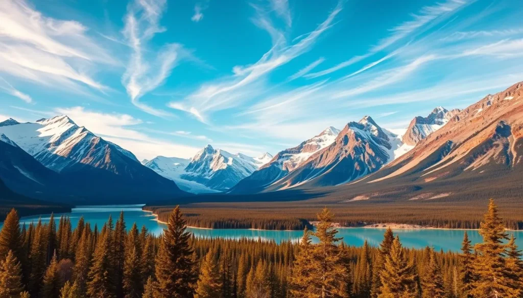 A breathtaking landscape of the Icefields Parkway, a scenic highway winding through the heart of the Canadian Rockies. In the foreground, a pristine alpine lake reflects the majestic peaks and glaciers surrounding it. The middle ground features a lush, verdant forest, its evergreen trees swaying gently in the breeze. In the background, towering snow-capped mountains rise up, their jagged silhouettes casting long shadows across the land. The sky is a brilliant azure, dotted with wispy clouds that catch the warm, golden light of the sun. The overall scene conveys a sense of tranquility, natural wonder, and the breathtaking beauty of this iconic Canadian landscape.