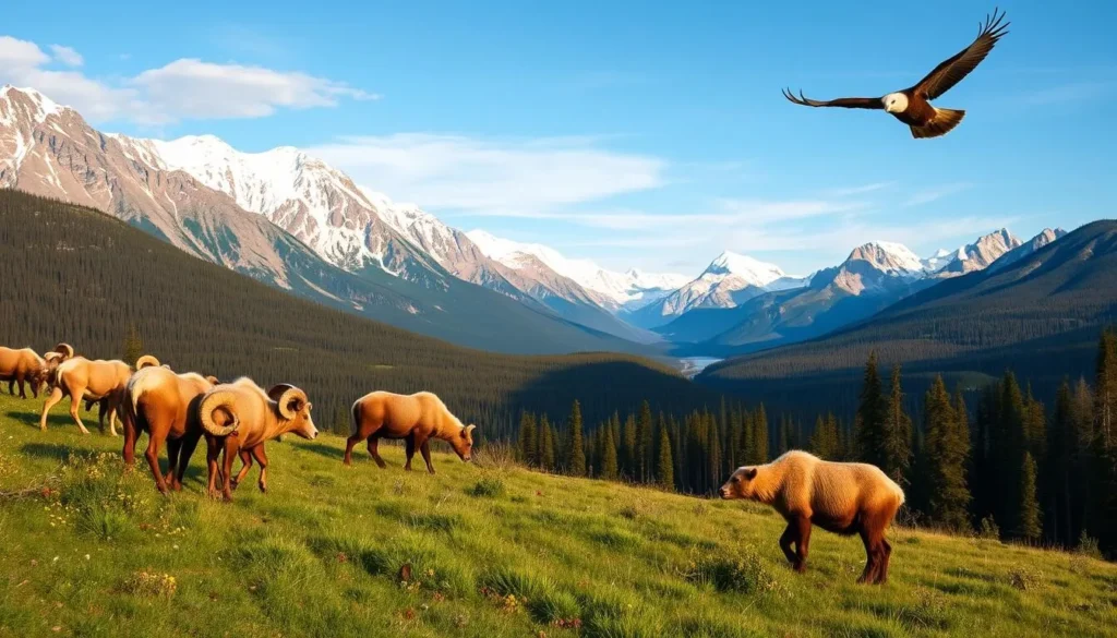 A breathtaking landscape of the Icefields Parkway, with towering snow-capped peaks in the distance and a verdant alpine meadow in the foreground. Herds of bighorn sheep graze peacefully, their majestic curved horns catching the golden light of the afternoon sun. A lone grizzly bear emerges from the dense forest, sniffing the air for berries. Overhead, a bald eagle soars effortlessly, its wings outstretched against the deep blue sky. The scene is bathed in a warm, natural light, creating a sense of tranquility and wonder. A wide-angle lens captures the vast, untamed beauty of this pristine wilderness.