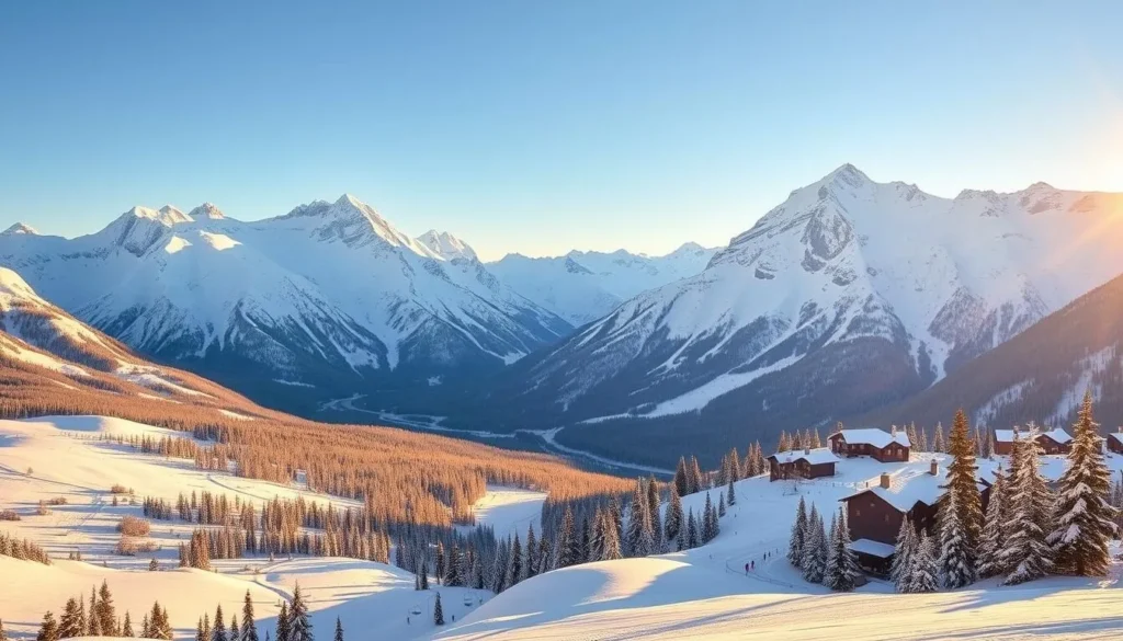 A breathtaking landscape of the Lake Louise Ski Resort in Alberta, Canada. Towering snow-capped peaks rise majestically in the background, their slopes blanketed in pristine white powder. In the foreground, a well-groomed ski run winds through the alpine terrain, inviting skiers and snowboarders to carve graceful turns down the mountain. The crisp, clear sky is illuminated by warm, golden sunlight, casting a serene and idyllic atmosphere over the scene. The resort's modern chairlifts and cozy lodges nestle harmoniously amid the natural splendor, creating a picture-perfect winter wonderland.